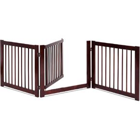 Giantex 24 inch Configurable Dog Gate with Door, Wooden Dog Gate with Walk Through Door, 3 Panels Folding Fence for Stairs, Doorways, Halls, Cherry Brown