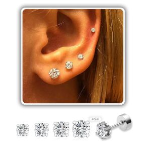 Cubic Zirconia Earrings Studs for Women Men, Hypoallergenic 14K Gold Plated 316L Stainless Steel Studs Earrings 3-4-5-6mm Simulated Diamond Round CZ Ear Stud Set （4 Pairs)