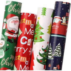 Ribbli Christmas Wrapping Paper, 4 Rolls Vintage Christmas Gift Wrapping Paper, Brown Kraft Paper with Black Pattern, 17 x120 inch(10ft) Per Roll