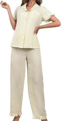 Verdusa Women's 2 Piece Pajamas Sets Cute Pj Set Graphic Print Comfy Loungewear Sets Ruffle Trim Top and Pants in Saudi Arabia