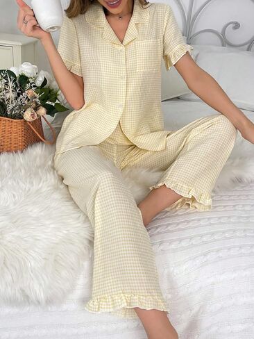 Verdusa Women's 2 Piece Pajamas Sets Cute Pj Set Graphic Print Comfy Loungewear Sets Ruffle Trim Top and Pants in Saudi Arabia