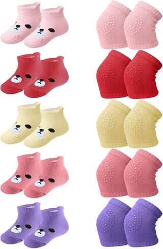 10 Pairs Baby Crawling Anti Slip Knee Pads and Anti Slip Baby Socks Set Unisex Toddler Knee Protectors Non Slip Ankle Socks in Saudi Arabia