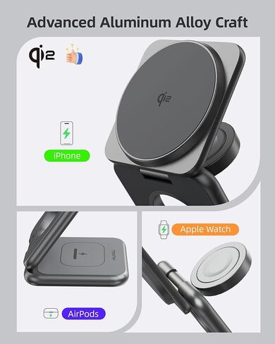 شاحن مغناطيسي قابل للطي بقدرة 15 وات معتمد من Qi2، محطة شحن لاسلكية KU XIU X40Q 3 في 1، حامل شاحن سفر من سبائك الألومنيوم لسلسلة iPhone 16/15/14/13/12، 5 وات لساعة Apple، AirPods، أسود in Kuwait