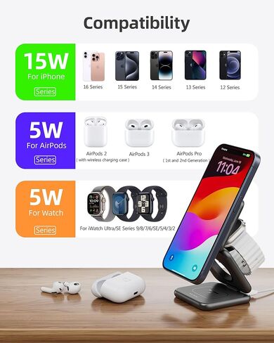 شاحن مغناطيسي قابل للطي بقدرة 15 وات معتمد من Qi2، محطة شحن لاسلكية KU XIU X40Q 3 في 1، حامل شاحن سفر من سبائك الألومنيوم لسلسلة iPhone 16/15/14/13/12، 5 وات لساعة Apple، AirPods، أسود in Kuwait