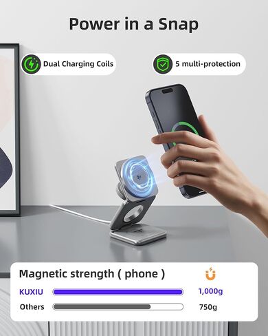 شاحن مغناطيسي قابل للطي بقدرة 15 وات معتمد من Qi2، محطة شحن لاسلكية KU XIU X40Q 3 في 1، حامل شاحن سفر من سبائك الألومنيوم لسلسلة iPhone 16/15/14/13/12، 5 وات لساعة Apple، AirPods، أسود in Kuwait