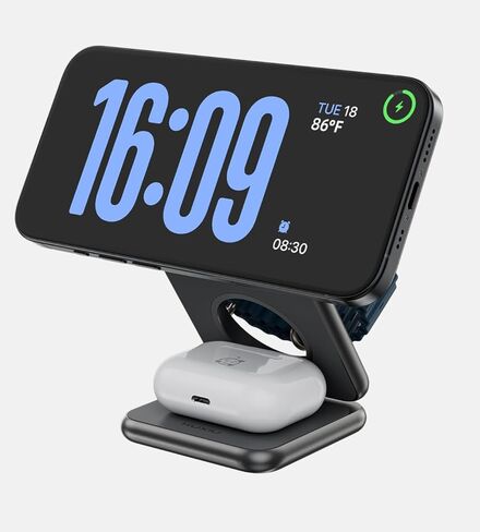 شاحن مغناطيسي قابل للطي بقدرة 15 وات معتمد من Qi2، محطة شحن لاسلكية KU XIU X40Q 3 في 1، حامل شاحن سفر من سبائك الألومنيوم لسلسلة iPhone 16/15/14/13/12، 5 وات لساعة Apple، AirPods، أسود in Kuwait