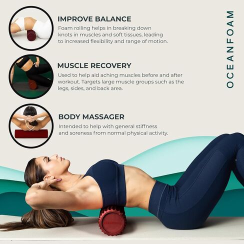 Oceanfoam Tidal Roller - أسطوانة إسفنجية لتدليك العضلات لآلام الظهر والتمدد - مموج مريح وواسع - اليوغا وألعاب القوى والعافية - حجم كامل، 20 بوصة × 5 بوصة - رخامي أحمر in Kuwait