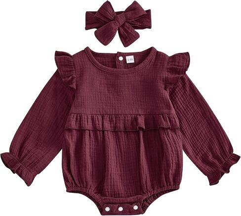 Newborn Infant Baby Girl Clothes Cotton Linen Long Sleeve Smocked Bubble Romper Ruffle Bodysuit Jumpsuit Fall Outfit in Kuwait