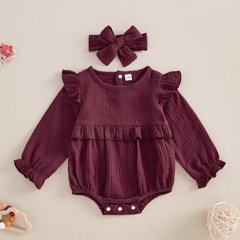 Newborn Infant Baby Girl Clothes Cotton Linen Long Sleeve Smocked Bubble Romper Ruffle Bodysuit Jumpsuit Fall Outfit in Kuwait