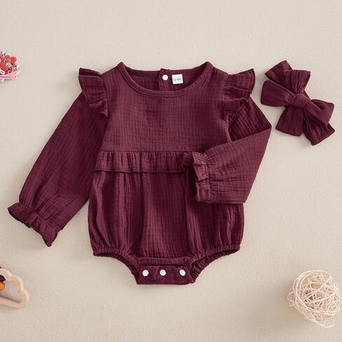 Newborn Infant Baby Girl Clothes Cotton Linen Long Sleeve Smocked Bubble Romper Ruffle Bodysuit Jumpsuit Fall Outfit in Kuwait