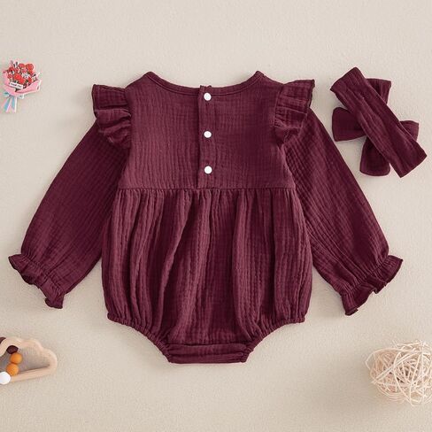 Newborn Infant Baby Girl Clothes Cotton Linen Long Sleeve Smocked Bubble Romper Ruffle Bodysuit Jumpsuit Fall Outfit in Kuwait