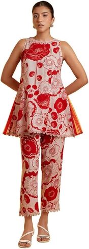 طقم كورتا بدون أكمام مع بنطال للنساء/البنات برقبة دائرية مطبوعة على الطراز الهندي من ذا لوم، توب كورتي مسحوق وردي وأحمر in Kuwait