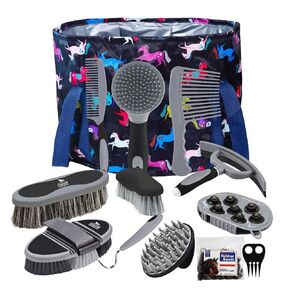Harrison Howard Horse Grooming Kit 9-Piece Equine Care Series Horse Brush Sets with Organizer Tote Bag Tack Room Supplies Shedding Grooming Massaging Tools Blue