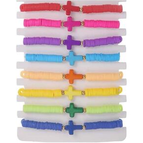 8Pcs Cross Bracelets Bohemian Rainbow Polymer Clay Cross Stretch Bracelets Colorful Stackable Cross Beads Elastic Bracelet for Women Girls Summer Beach Friendship Jewelry Gifts in Saudi Arabia