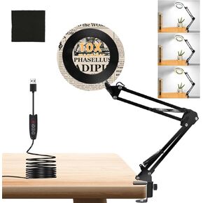 10X Magnifying Glass with Light and Stand, 2 in 1 Magnifying Desk Lamp with Heavy Duty Base & Clamp, 3 Color Mode 10 Level Dimmable Magnifier with LED Light for Hobby Soldering Reading Detail Works