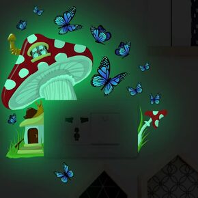 Glow in The Dark Colorful Butterfly Mushroom Fairy Wall Sticker Cartoon Luminous Flying Butterfly Light Switch Decals for Girls Bedroom Nursery Living Room Classroom Ceiling Decor Kids Gift