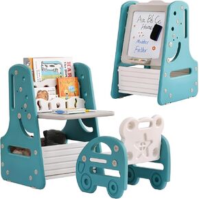 Tiita Kids Table and Chair Set, 3 in 1 Convertible Art Easel & Display Bookshelf w/Magnetic Painting Board, Bottom Storage Shelf, Standing Easel with Chairs, Grey in Kuwait