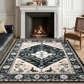 Washable Living Room Area Rugs - 5x7 Large Soft Machine Washable Non-Slip Area Rugs, Vintage Oriental Carpet for Bedroom Dining Room Indoor Dorm Office College Decor Red/Beige