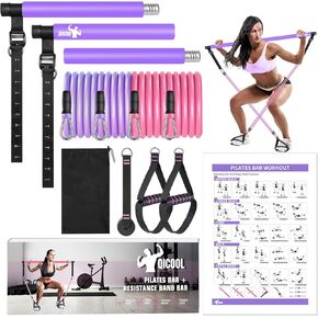 Pilates Bar Kit with Resistance Bands,Qicool Multifunctional Pilates Bar Exercise Equipment for Women, Home Gym Yoga Pilates,Pilates Resistance Bands Full Body Workout Equipment Purple (30lbs/40lbs)