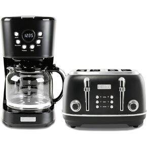 Haden Heritage 4 Slice Wide Slot Toaster Bundled with 12 Cup Programmable Retro Coffee Maker Machine, Removable Crumb Tray, Steel/Copper
