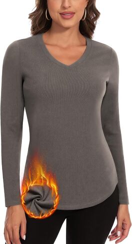WOWENY Women's V Neck Long Sleeve Thermal Shirts Fleece Pullover Top Soft Base Layer Undershirts Basic Cold Weather in Kuwait