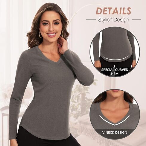 WOWENY Women's V Neck Long Sleeve Thermal Shirts Fleece Pullover Top Soft Base Layer Undershirts Basic Cold Weather in Kuwait