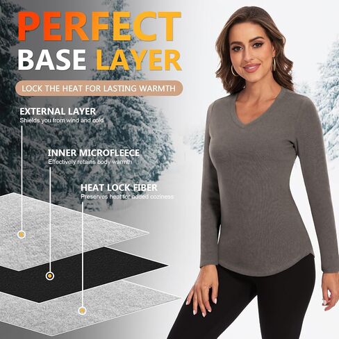 WOWENY Women's V Neck Long Sleeve Thermal Shirts Fleece Pullover Top Soft Base Layer Undershirts Basic Cold Weather in Kuwait