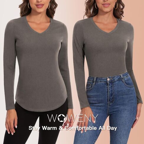 WOWENY Women's V Neck Long Sleeve Thermal Shirts Fleece Pullover Top Soft Base Layer Undershirts Basic Cold Weather in Kuwait