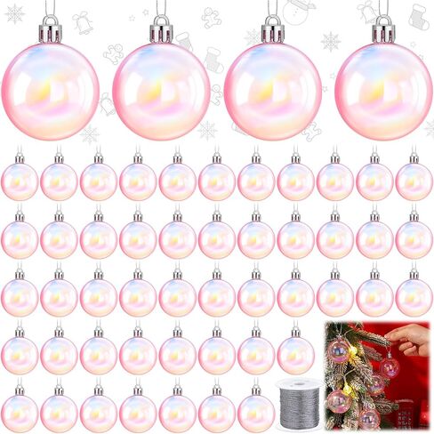 Syhood 48 Pcs Christmas Iridescent Plastic Ornaments Clear Iridescent Ornaments Balls Decorative Hanging Ornaments for Xmas Tree Wedding Party Birthday Home Decorations (Pink, 1.97 Inch) in Saudi Arabia