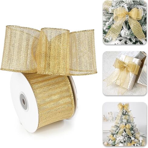 Champagne Gold Wired Ribbon with Gold Center Stripe 2.5" X 10 Yards Champagne Gold Metallic Christmas Ribbon Wired for Tree Decoration, Wreaths& Garlands, Crafts Projects, Home Decor in Kuwait