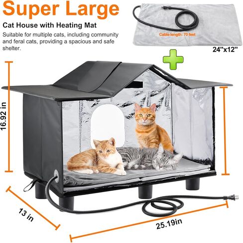 Texsens Large Cat House - Weatherproof Outdoor Cat Shelter with Roof Window- Insulated Elevated House for Stray/Barn Cats with Cozy Cushion - Ideal Waterproof Feral Cat House for Summer in Saudi Arabia