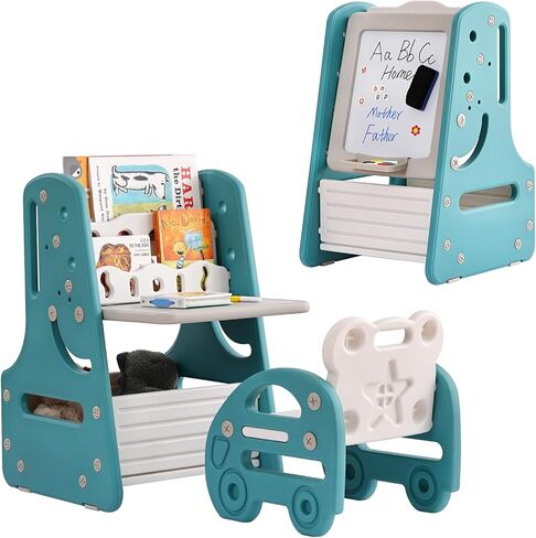 Tiita Kids Table and Chair Set, 3 in 1 Convertible Art Easel & Display Bookshelf w/Magnetic Painting Board, Bottom Storage Shelf, Standing Easel with Chairs, Grey in Kuwait