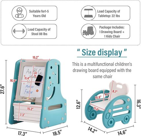 Tiita Kids Table and Chair Set, 3 in 1 Convertible Art Easel & Display Bookshelf w/Magnetic Painting Board, Bottom Storage Shelf, Standing Easel with Chairs, Grey in Kuwait