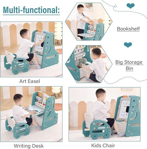 Tiita Kids Table and Chair Set, 3 in 1 Convertible Art Easel & Display Bookshelf w/Magnetic Painting Board, Bottom Storage Shelf, Standing Easel with Chairs, Grey in Kuwait
