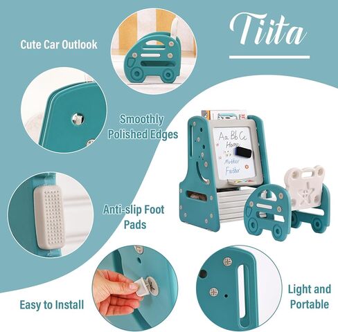 Tiita Kids Table and Chair Set, 3 in 1 Convertible Art Easel & Display Bookshelf w/Magnetic Painting Board, Bottom Storage Shelf, Standing Easel with Chairs, Grey in Kuwait
