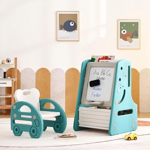 Tiita Kids Table and Chair Set, 3 in 1 Convertible Art Easel & Display Bookshelf w/Magnetic Painting Board, Bottom Storage Shelf, Standing Easel with Chairs, Grey in Kuwait
