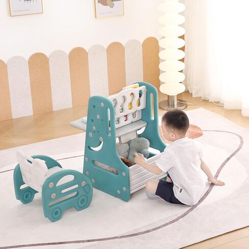 Tiita Kids Table and Chair Set, 3 in 1 Convertible Art Easel & Display Bookshelf w/Magnetic Painting Board, Bottom Storage Shelf, Standing Easel with Chairs, Grey in Kuwait