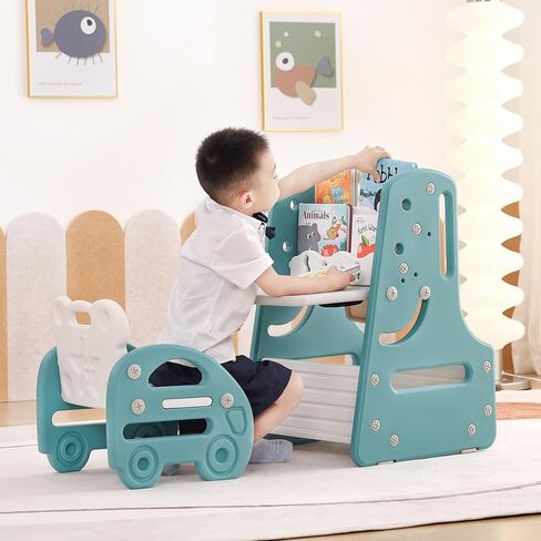 Tiita Kids Table and Chair Set, 3 in 1 Convertible Art Easel & Display Bookshelf w/Magnetic Painting Board, Bottom Storage Shelf, Standing Easel with Chairs, Grey in Kuwait