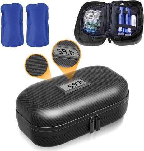 حقيبة تبريد طبية للسفر معتمدة من إدارة أمن المواصلات الأمريكية (TSA)، لرحلة الحياة اليومية مع ميزان حرارة وعرض درجة الحرارة، منظم أدوية السكري، حقيبة تبريد طبية للسفر مع عبوتين من الثلج (ألياف الكربون) in Kuwait