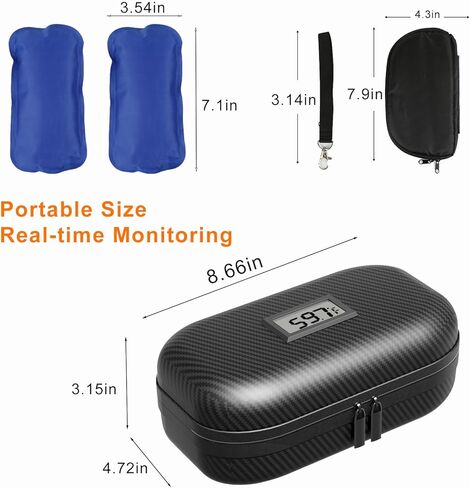 حقيبة تبريد طبية للسفر معتمدة من إدارة أمن المواصلات الأمريكية (TSA)، لرحلة الحياة اليومية مع ميزان حرارة وعرض درجة الحرارة، منظم أدوية السكري، حقيبة تبريد طبية للسفر مع عبوتين من الثلج (ألياف الكربون) in Kuwait