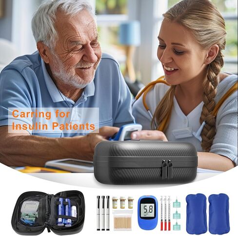 حقيبة تبريد طبية للسفر معتمدة من إدارة أمن المواصلات الأمريكية (TSA)، لرحلة الحياة اليومية مع ميزان حرارة وعرض درجة الحرارة، منظم أدوية السكري، حقيبة تبريد طبية للسفر مع عبوتين من الثلج (ألياف الكربون) in Kuwait