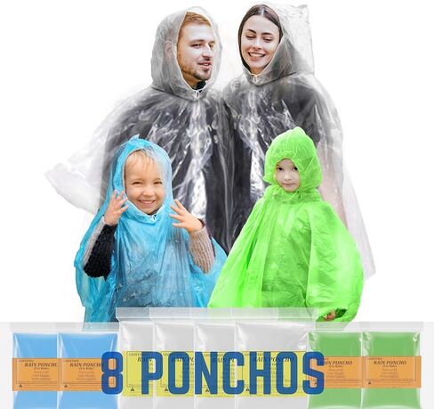 Rain Ponchos for Adults, Kids & Family - 4, 8, 9 & 16 Pack Options - Extra Thick, Tear-Resistant with Hood in Saudi Arabia
