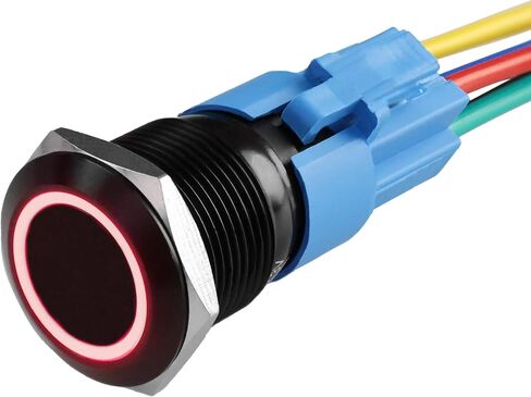 On Off Switch 12V Latching Push Button Switch Self-Locking 16mm 0.63" Mounting Hole 12V Ring Blue LED Waterproof IP67 Black Shell with Wire Socket Plug in Saudi Arabia