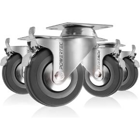 POWERTEC 3 Inch Swivel Caster Wheels Set of 4 with Brake & 880 lbs Loads, Heavy Duty Plate Casters, Dual Locking PU Castor Wheels for Furniture, Cart, Dolly and Workbenches (17208V)