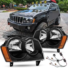 OE Style Headlight Assembly For 2005 2006 2007 Jeep Grand Cherokee Laredo Limited Overland SRT8 SUV Replacement Headlamps Passenger and Driver Side Chrome Housing Amber Reflector