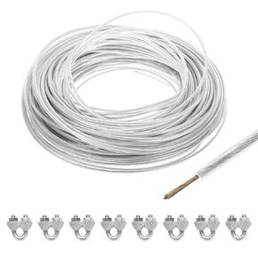 MECCANIXITY 4mm (5/32 inch) Green Vinyl Coated Wire Rope, 60m /197ft Galvanized Steel Cable Wire Rope with 8PCS M5 Loop Sleeves for String Light Hanging, Deck Railing, Garden Wire