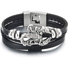Mens Multi-Strand Leather Bangle Wrap Wristband Bracelet with Vintage Scorpion and Beads