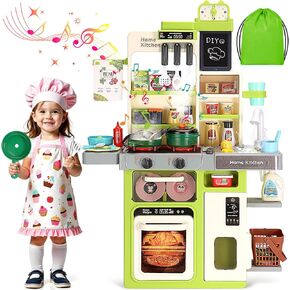 Kids Kitchen Playset, Easface Play Kitchen for Toddlers 1-3 with Sound and Light, Cooking Stove with Steam, Play Sink and Toy Kitchen Accessories, 63PCS Pretend Kitchen Toys for Girls Boys 3-5（Green）