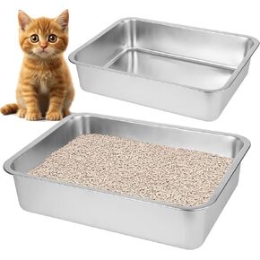 2 Pack Stainless Steel Cat Litter Box(17.5" L x 13.6" W x 4.1" H) for Big Cats,Large Metal Cat Litter Box-Easy to Clean,Small Stainless Steel Litter Box.