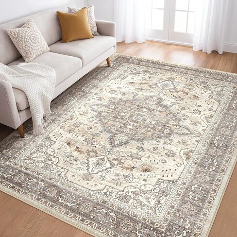 9x12 Area Rug Living Room Rugs: Large Soft Machine Washable Boho Vintage Stain Resistant Floral Bedroom Rug Neutral Farmhouse Low Pile Distressed Carpet for Dorm Nursery Dining Room Office- Beige Blue in Saudi Arabia